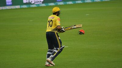 Shahid Afridi of Peshawar Zalmi comes in to bat against Islamabad United on Friday in the Pakistan Super League in Dubai. Photo Courtesy / PSL