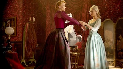 Cate Blanchett is the Stepmother and Lily James is Cinderella in Disney’s live-action feature inspired by the classic fairy tale Cinderella, which is directed by Kenneth Branagh. Courtesy Walt Disney Productions