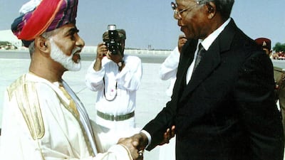 Omani Sultan Qaboos greets South African President Nelson Mandela in 1999 upon his arrival in Muscat at the start of a short tour of the Gulf to promote investments in South Africa. Sultan Qaboos, who ruled Oman for almost half a century, has died at the age of 79. AFP