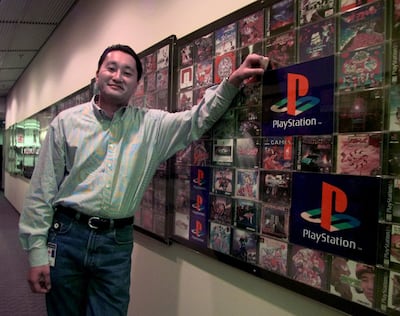 Kazuo Hirai, then-chairman of Sony, next to a display of PlayStation games at company offices in California, 1999. AP
