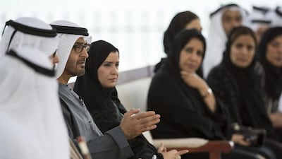 Sheikh Mohammed bin Zayed, Crown Prince of Abu Dhabi Deputy Supreme Commander of the Armed Forces, delivers a speech during a Sea Palace barza. Seen with Dr Amal Al Qubaisi, Speaker of the Federal National Council. Rashed Al Mansoori / Crown Prince Court - Abu Dhabi