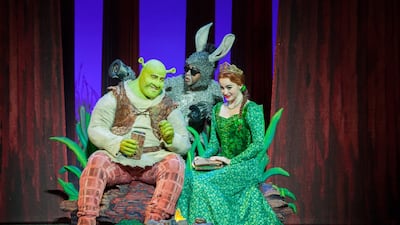 Shrek, Donkey and Princess Fiona in Shrek The Musical. Photo: Broadway Entertainment Group
