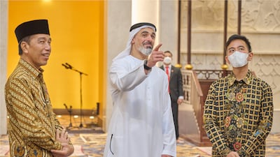 Sheikh Khaled bin Mohamed with Indonesia's President Joko Widodo, left, at the Sheikh Zayed Grand Mosque in Surakarta, on the Indonesian island of Java. All photos: Wam