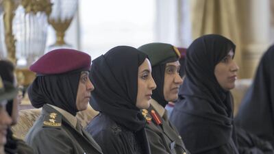 Shamma Suhail Al Mazrouei, UAE Minister of State for Youth Affairs, second left, and government representatives on the occasion of Emirati Women's Day attend a Sea Palace barza. Mohammed Al Hammadi / Crown Prince Court - Abu Dhabi