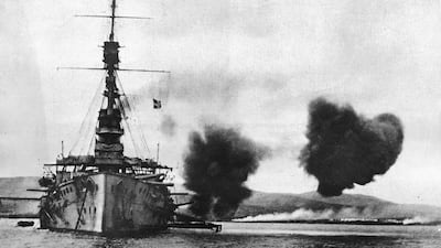 The British ship HMS Cornwallis fires on Ottoman positions on the Gallipoli peninsula in 1915. Bettmann / CORBIS
