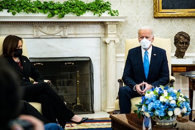 US President Joe Biden (R) and US Vice President Kamala Harris meet with governors and mayors in the Oval Office in Washington, DC, US, on 12 February. EPA