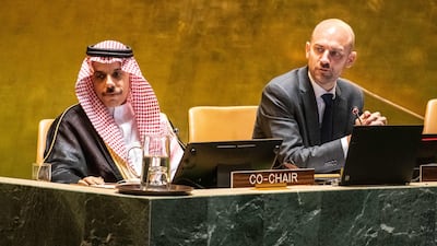 Saudi Arabia's Foreign Minister, Faisal bin Farhan, and French Foreign Minister Jean-Noel Barrot chair a conference on Palestine and a two-state solution at the United Nations. AFP