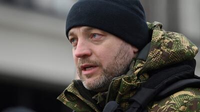 (FILES) In this file photo taken on April 05, 2022 Ukraine's Minister of Internal Affairs Denys Monastyrsky speaks to journalists in the town of Bucha, near the Ukrainian capital of Kyiv. - Ukrainian Interior minister was killed in Kyiv region helicopter crash, Ukrainian police announced on January 18, 2023. (Photo by Genya SAVILOV / AFP)