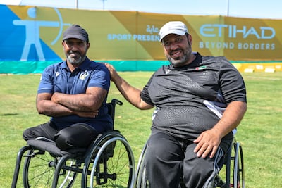 From left, Ali Al Marri 47, and Ahmed Al Naqbi, 43, at the Open Masters Games Abu Dhabi. Victor Besa / The National