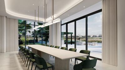 Neutral hues with pops of green in the dining room of Lawson’s Dubai Hills project. Courtesy Alix Lawson