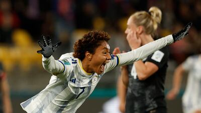 Philippines' Sarina Bolden celebrates scoring the first goal against New Zealand at the Women's World Cup. Reuters