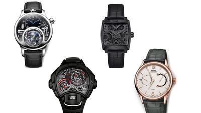 MECHANICAL EXCEPTION - If you are looking for the crazy stuff, the Mechanical Exception category fits the bill. From left: Jaquet Droz The Charming Bird, Hublot MP-12 Key of Time Skeleton, TAG Heuer Monaco V4 Phantom and Oris Calibre 111. Courtesy GPHG