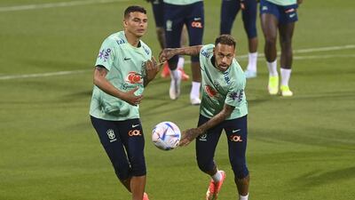 Brazilian players Thiago Silva, left, and Neymar train for their World Cup opener against Serbia. EPA