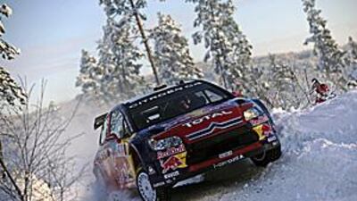 Sebastien Loeb battles with the snow in his Citroen. The Frenchman has made a perfect start to the World Rally Championships by winning the first two stages.