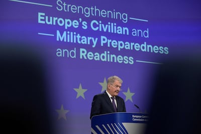 Former Finnish president Sauli Niinisto attends a news conference on Europe's civilian and military preparedness at the EU headquarters in Brussels last week. AFP