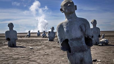 Survivor statues are displayed at mudflow areas. Most residents of villages that were damaged by the Sidoarjo mud eruption have received compensation from the energy fim Lapindo Brantas. According to reports, 20 ives were lost and nearly 40,000 people displaced. Ulet Ifansasti / Getty Images