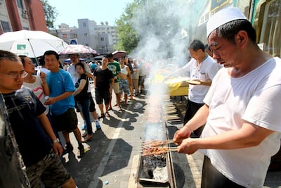 Lamb skewers outside Niujie Mosque in Beijing. EPA