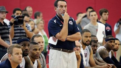 Mike Krzyzewski, centre, the coach for the US men's basketball team, says it was not an easy process getting to the final 12 members of the roster for London.