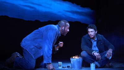 James Franco and Chris O’Dowd in a scene from Of Mice and Men, in New York. Franco’s play Of Mice and Men has left Broadway with a roar – a box office record. AP