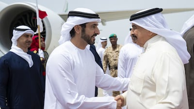 Sheikh Hamdan bin Mohammed, Crown Prince of Dubai, Deputy Prime Minister and Minister of Defence, meets King Hamad upon arriving in Bahrain