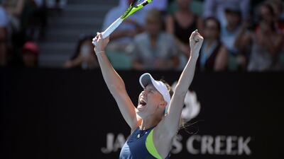 Caroline Wozniacki celebrates her win against Elise Mertens. Tracey Nearmy / EPA
