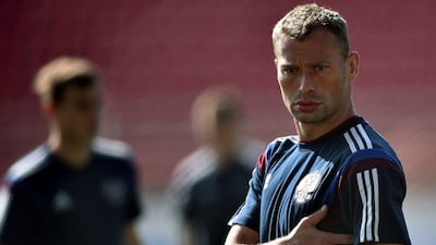 Russia defender Vasili Berezutski takes part in a team training session on June 15, 2014 ahead of their World Cup Group H opener against South Korea. Kirill Kudryavtsev / AFP