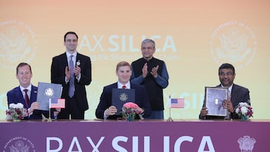 US and Indian representatives sign the Pax Silica declaration at the India AI Impact Summit in Delhi. EPA