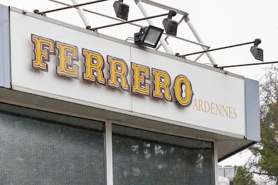 The logo is seen of Ferrero factory in Arlon, Belgium, 07 April 2022. Cases of salmonellosis linked to Kinder products manufactured in the Ferrero Ardennes factory in Arlon are increasing. EPA