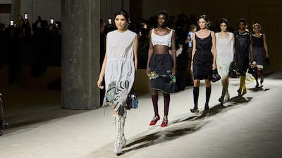 The finale of the Prada autumn-winter 2026 show in Milan. It featured 15 models each wearing multiple looks. Photo: Prada