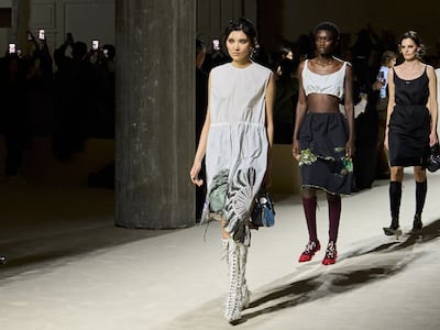 The finale of the Prada autumn-winter 2026 show in Milan. It featured 15 models each wearing multiple looks. Photo: Prada