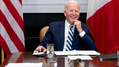 US President Joe Biden during a virtual meeting with Mexican President Andres Manuel Lopez Obrador, in the Roosevelt Room of the White House in Washington on March 1. AP