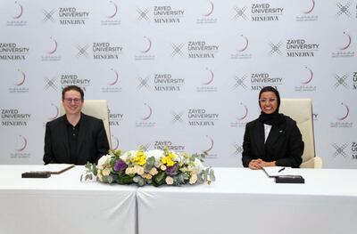 Zayed University President Noura Al Kaabi with Ben Nelson, founder of Minerva. Courtesy: Zayed University