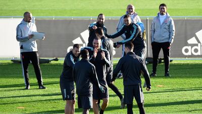 Soccer Football - Champions League - Juventus Training - Allianz Stadium, Turin, Italy - November 25, 2019 Juventus' Gonzalo Higuain and Leonardo Bonucci with teammates during training REUTERS/Massimo Pinca