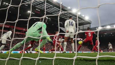 Liverpool goalkeeper Alisson Becker is beaten by Murillo's first-half strike. AFP