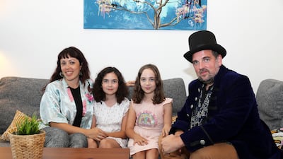 Clemence Powney, her husband Aurelien and their daughters, Hanae and Nila, in their home in Oud Metha. All photos Pawan Singh / The National