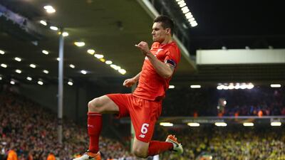 Dejan Lovren of Liverpool celebrates scoring his team’s fourth goal. Clive Brunskill / Getty Images