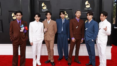 From left: BTS members V, Suga, Jin, Jungkook, RM, Jimin and J-Hope at the 64th annual Grammy Awards in 2022. EPA