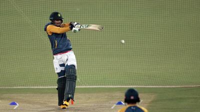 Pakistani players train at the Gaddafi Cricket Stadium in Lahore. EPA