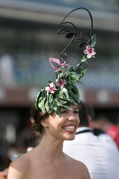 Charlotte Hudders, an artist based in Dubai, handmade her hat at Dubai World Cup 2018, which won the prize for the most creative hat. It was inspired by Henri Matisse. Reem Mohammed / The National
