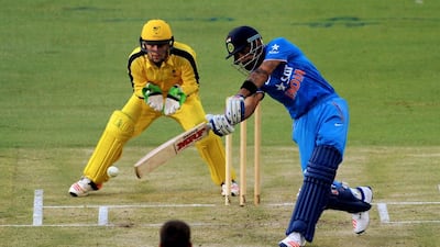 India’s Virat Kohli plays a shot during a Twenty20 warm-up game against Western Australian XI at Perth on Friday. Greg Wood / AFP