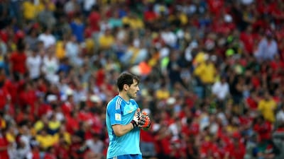 Spain goalkeeper Iker Casillas looks on during his team's 2014 World Cup Group B match against Chile on Wednesday. Oliver Weiken / EPA