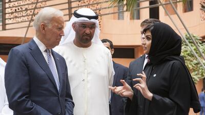 The US Vice President speaks with Dr Lamya Fawwaz during a tour of Masdar City. With them is Dr Sultan Ahmed Al Jaber, Minister of State and Chairman of Masdar. Razan Al Zayani for Crown Prince Court - Abu Dhabi