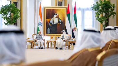 President Sheikh Mohamed and Narendra Modi, Prime Minister of India, at Qasr Al Watan. Hamad Al Kaabi / UAE Presidential Court