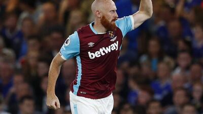 West Ham United’s James Collins celebrates scoring their first goal during the Premier League football match between Chelsea and West Ham United at Stamford Bridge in London on August 15, 2016. Eddie Keogh / Reuters