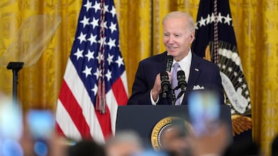 President Joe Biden speaks during a reception in the East Room of the White House to mark Eid Al Fitr. AP