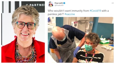 The ‘Great British Bake Off’ host Prue Leith, 80, called the jab ‘painless’ and said she was ‘absolutely delighted’ to receive it in her native UK. Getty Images, Twitter