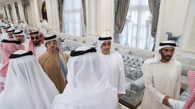 (R-L) Sheikh Nahyan bin Zayed, Chairman of the Board of Trustees of Zayed bin Sultan Al Nahyan Charitable and Humanitarian Foundation, Sheikh Saif bin Zayed, Deputy Prime Minister and Minister of Interior, Sheikh Mansour bin Zayed, Deputy Prime Minister and Minister of Presidential Affairs, Sheikh Tahnoon bin Zayed, National Security Advisor and Sheikh Hamed bin Zayed, Chairman of the Crown Prince Court of Abu Dhabi and Abu Dhabi Executive Council Member, accept condolences on the death of Sheikha Hessa. Omar Al Askar for Crown Prince Court - Abu Dhabi