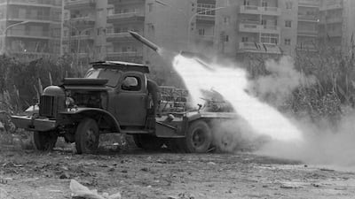 A Katyusha rocket is fired from the back of an army truck into an apartment complex during the Lebanese Civil War, probably 1975. Express/Getty