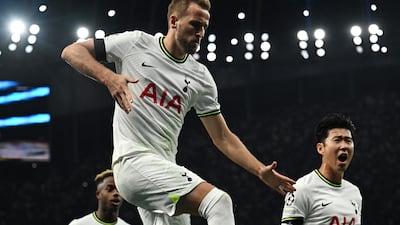 Tottenham Hotspur's Harry Kane celebrates scoring their second goal with Son Heung-min. Reuters