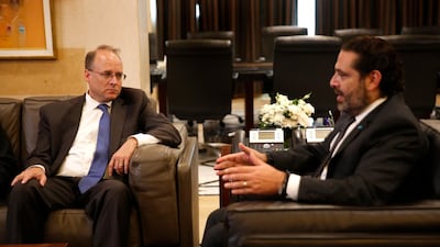 US Treasury Assistant Secretary for Terrorist Financing, Marshall Billingslea, left, meets with Lebanese Prime Minister Saad Hariri, in Beirut, Lebanon. AP